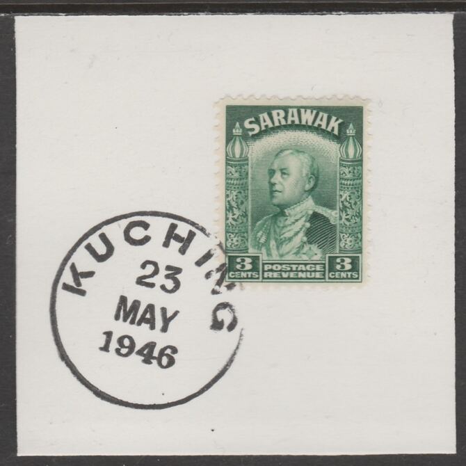 Sarawak 1934 Sir Charles Brooke 3c green on piece cancelled with full strike of Madame Joseph forged postmark type 378, stamps on , stamps on  stamps on , stamps on  stamps on  kg5 , stamps on  stamps on forgeries