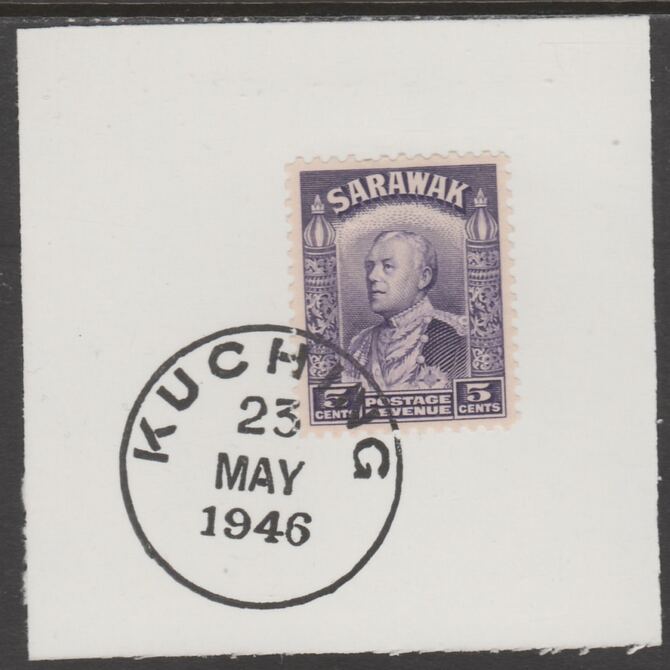 Sarawak 1934 Sir Charles Brooke 5c violet on piece cancelled with full strike of Madame Joseph forged postmark type 378, stamps on , stamps on  kg5 , stamps on forgeries