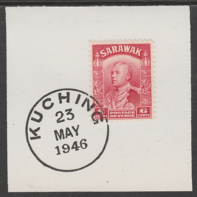 Sarawak 1934 Sir Charles Brooke 6c carmine on piece cancelled with full strike of Madame Joseph forged postmark type 378, stamps on , stamps on  stamps on , stamps on  stamps on  kg5 , stamps on  stamps on forgeries