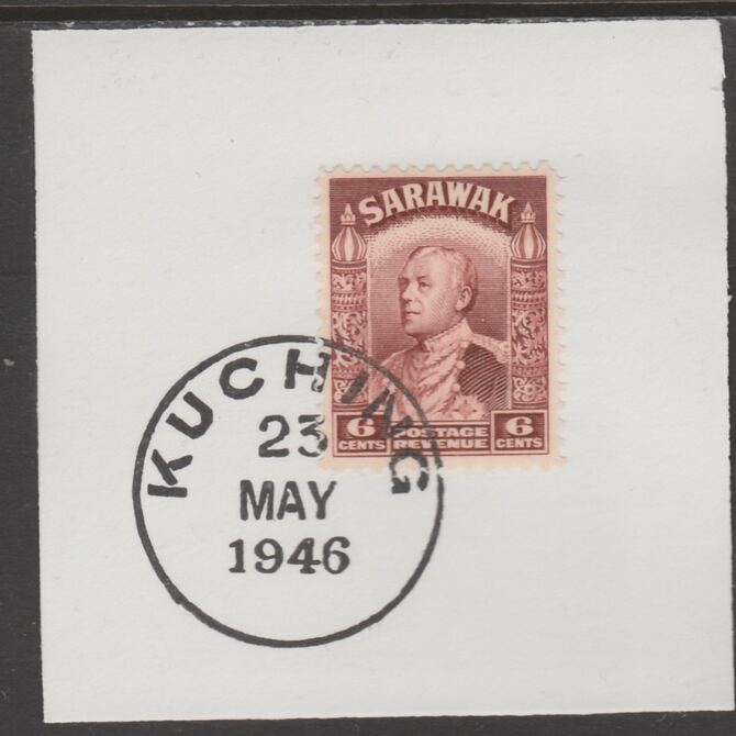 Sarawak 1934 Sir Charles Brooke 6c lake-brown on piece cancelled with full strike of Madame Joseph forged postmark type 378, stamps on , stamps on  kg5 , stamps on forgeries