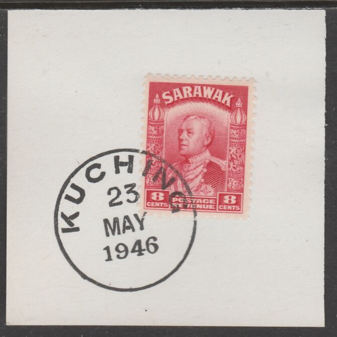 Sarawak 1934 Sir Charles Brooke 8c carmine on piece cancelled with full strike of Madame Joseph forged postmark type 378, stamps on , stamps on  kg5 , stamps on forgeries