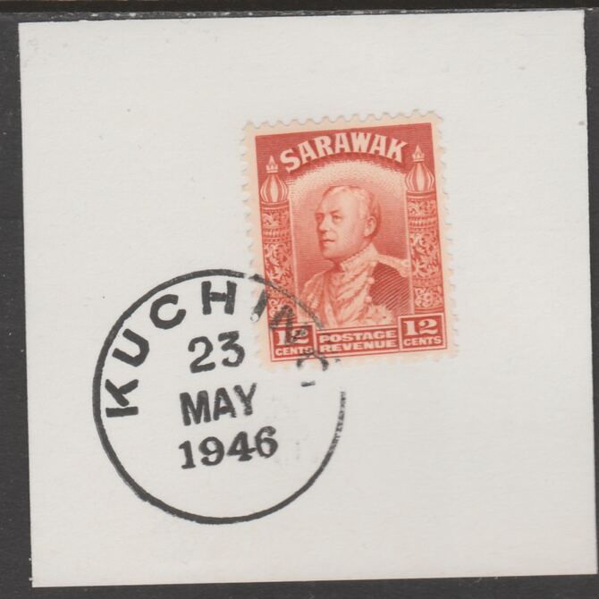 Sarawak 1934 Sir Charles Brooke 12c orange on piece cancelled with full strike of Madame Joseph forged postmark type 378, stamps on , stamps on  kg5 , stamps on forgeries