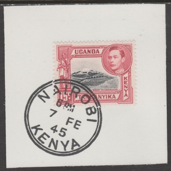 Kenya, Uganda & Tanganyika 1938 KG6 15c  black & red on piece cancelled with full strike of Madame Joseph forged postmark type 226, stamps on , stamps on  stamps on , stamps on  stamps on  kg6 , stamps on  stamps on forgeries