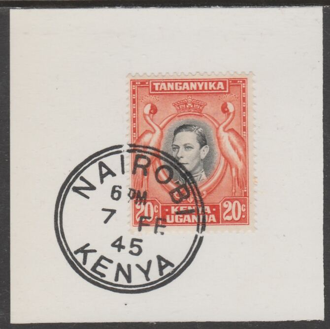 Kenya, Uganda & Tanganyika 1938 KG6 20c  black & orange on piece cancelled with full strike of Madame Joseph forged postmark type 226, stamps on , stamps on  kg6 , stamps on forgeries