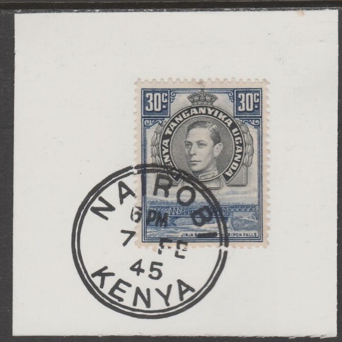 Kenya, Uganda & Tanganyika 1938 KG6 30c  black & violet-blue on piece cancelled with full strike of Madame Joseph forged postmark type 226, stamps on , stamps on  kg6 , stamps on forgeries