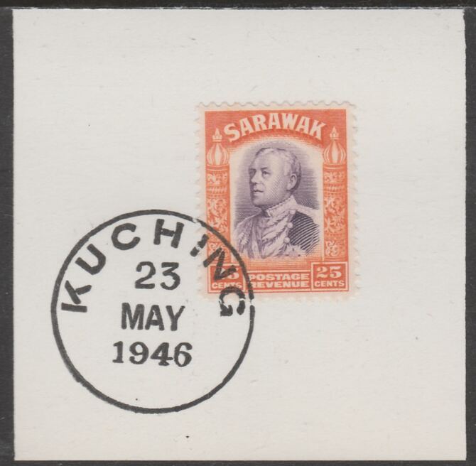 Sarawak 1934 Sir Charles Brooke 25c violet & orange on piece cancelled with full strike of Madame Joseph forged postmark type 378, stamps on , stamps on  kg5 , stamps on forgeries