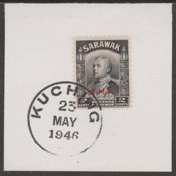 Sarawak 1945 BMA overprint on Sir Charles Brooke 2c on piece cancelled with full strike of Madame Joseph forged postmark type 378, stamps on , stamps on  stamps on , stamps on  stamps on  kg6 , stamps on  stamps on forgeries