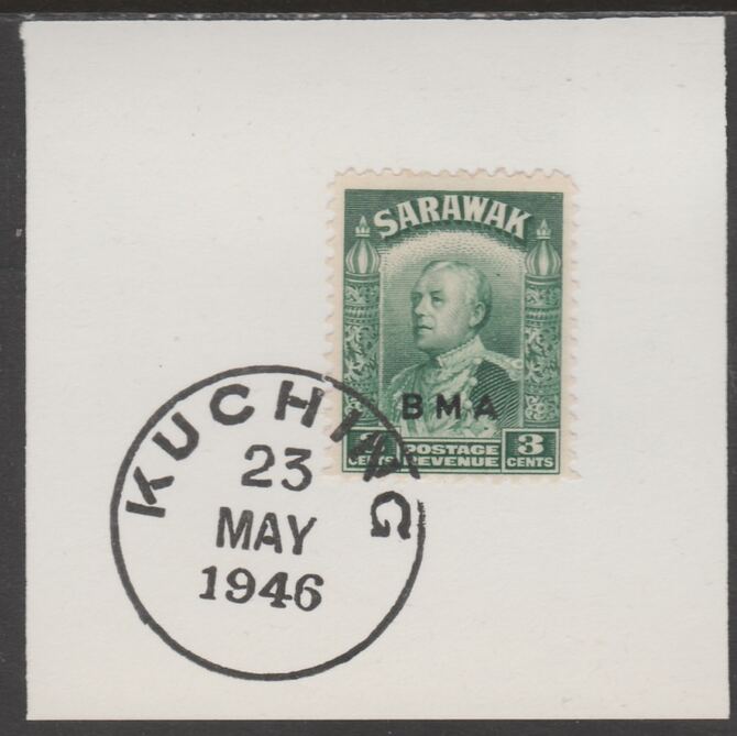 Sarawak 1945 BMA overprint on Sir Charles Brooke 3c on piece cancelled with full strike of Madame Joseph forged postmark type 378, stamps on , stamps on  kg6 , stamps on forgeries