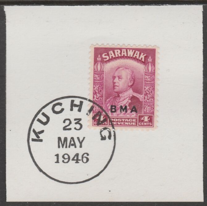 Sarawak 1945 BMA overprint on Sir Charles Brooke 4c on piece cancelled with full strike of Madame Joseph forged postmark type 378, stamps on , stamps on  kg6 , stamps on forgeries