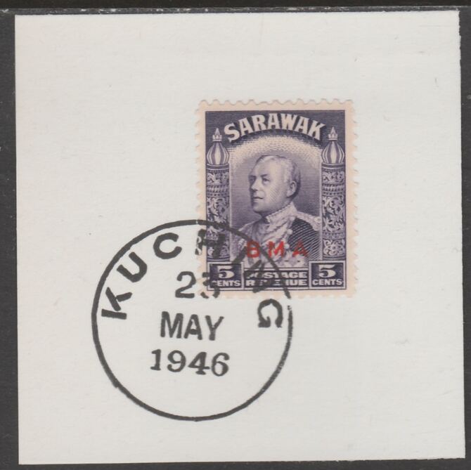 Sarawak 1945 BMA overprint on Sir Charles Brooke 5c on piece cancelled with full strike of Madame Joseph forged postmark type 378, stamps on , stamps on  kg6 , stamps on forgeries
