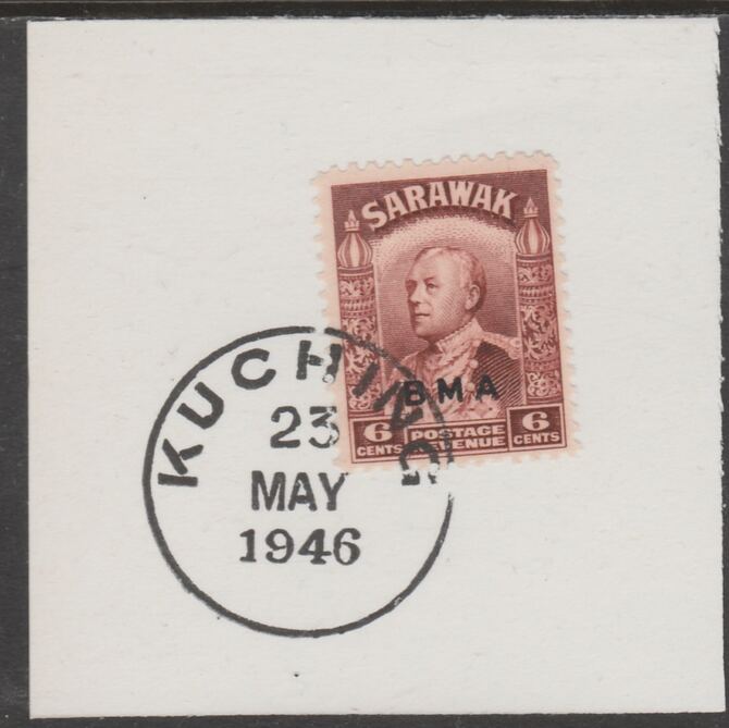 Sarawak 1945 BMA overprint on Sir Charles Brooke 6c on piece cancelled with full strike of Madame Joseph forged postmark type 378, stamps on , stamps on  kg6 , stamps on forgeries