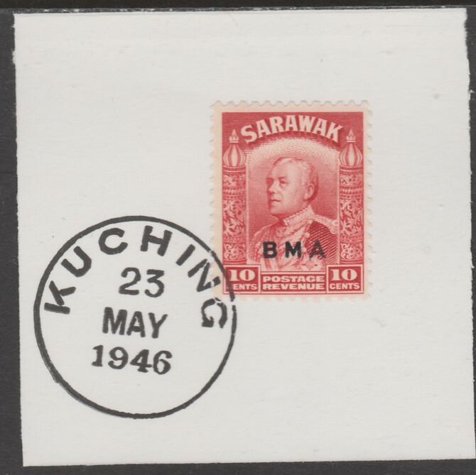 Sarawak 1945 BMA overprint on Sir Charles Brooke 10c on piece cancelled with full strike of Madame Joseph forged postmark type 378, stamps on , stamps on  kg6 , stamps on forgeries