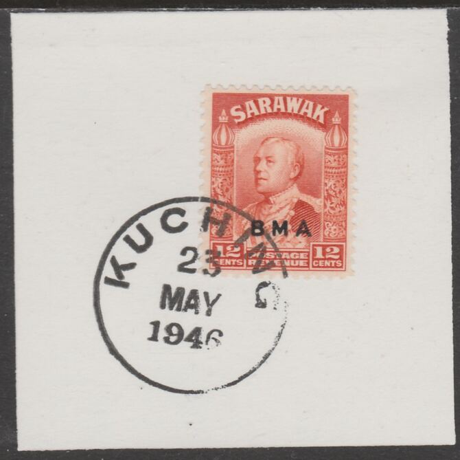 Sarawak 1945 BMA overprint on Sir Charles Brooke 12c on piece cancelled with full strike of Madame Joseph forged postmark type 378, stamps on , stamps on  stamps on , stamps on  stamps on  kg6 , stamps on  stamps on forgeries