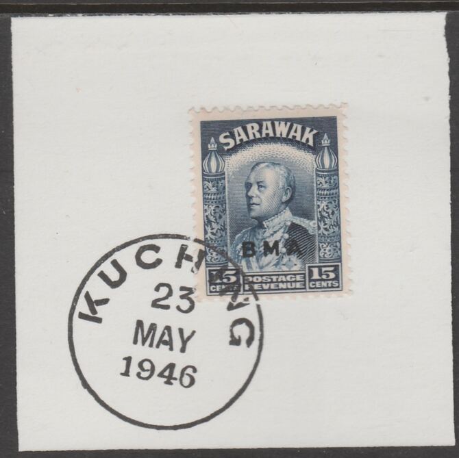 Sarawak 1945 BMA overprint on Sir Charles Brooke 15c on piece cancelled with full strike of Madame Joseph forged postmark type 378, stamps on , stamps on  kg6 , stamps on forgeries