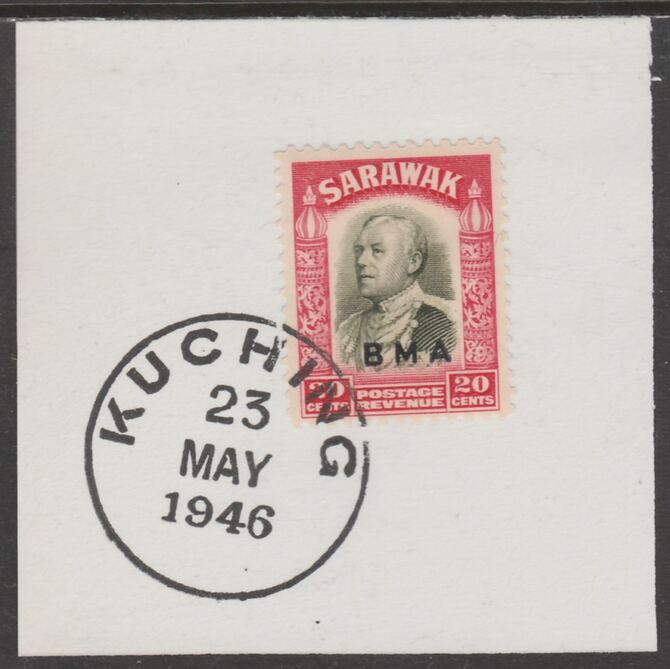 Sarawak 1945 BMA overprint on Sir Charles Brooke 20c on piece cancelled with full strike of Madame Joseph forged postmark type 378, stamps on , stamps on  kg6 , stamps on forgeries