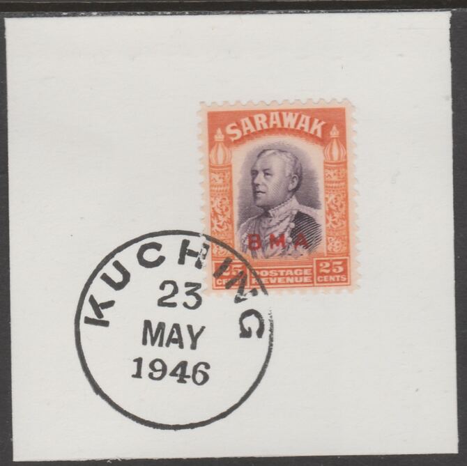 Sarawak 1945 BMA overprint on Sir Charles Brooke 25c on piece cancelled with full strike of Madame Joseph forged postmark type 378, stamps on , stamps on  stamps on , stamps on  stamps on  kg6 , stamps on  stamps on forgeries
