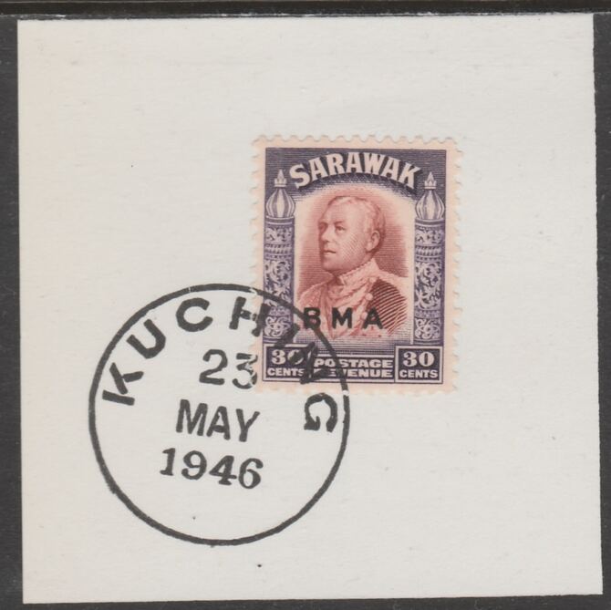 Sarawak 1945 BMA overprint on Sir Charles Brooke 30c on piece cancelled with full strike of Madame Joseph forged postmark type 378, stamps on , stamps on  stamps on , stamps on  stamps on  kg6 , stamps on  stamps on forgeries