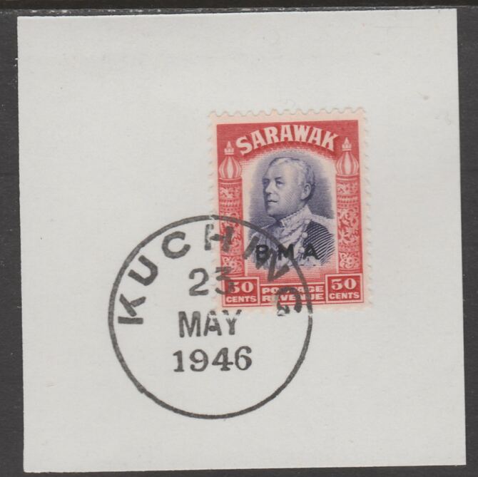 Sarawak 1945 BMA overprint on Sir Charles Brooke 50c on piece cancelled with full strike of Madame Joseph forged postmark type 378, stamps on , stamps on  stamps on , stamps on  stamps on  kg6 , stamps on  stamps on forgeries