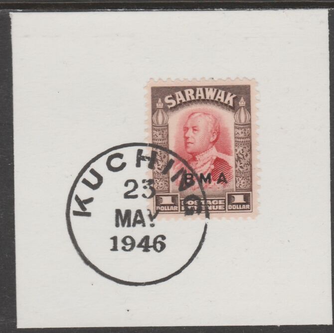Sarawak 1945 BMA overprint on Sir Charles Brooke $1 on piece cancelled with full strike of Madame Joseph forged postmark type 378, stamps on , stamps on  kg6 , stamps on forgeries