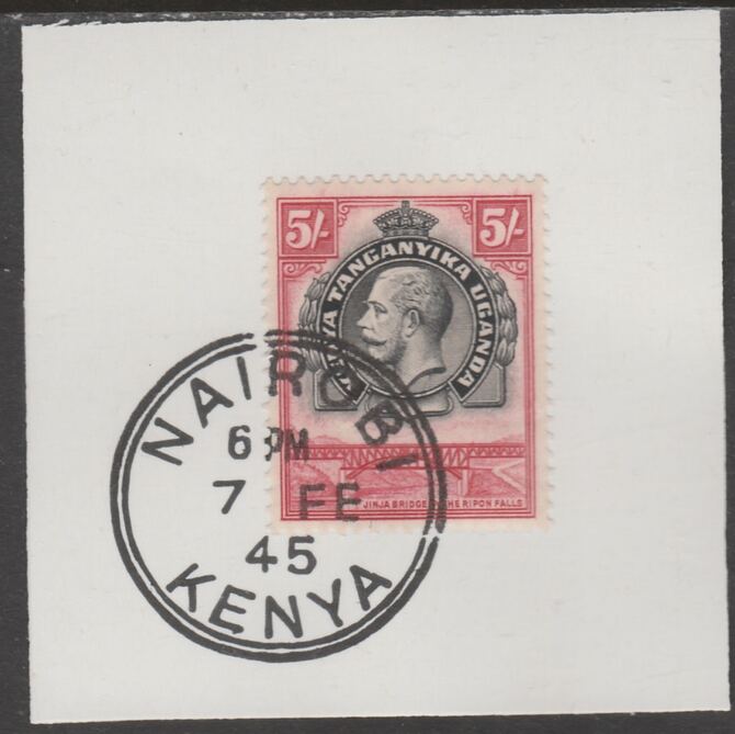 Kenya, Uganda & Tanganyika 1935 KG5 5s black & carmine on piece cancelled with full strike of Madame Joseph forged postmark type 226, stamps on , stamps on  kg5 , stamps on forgeries