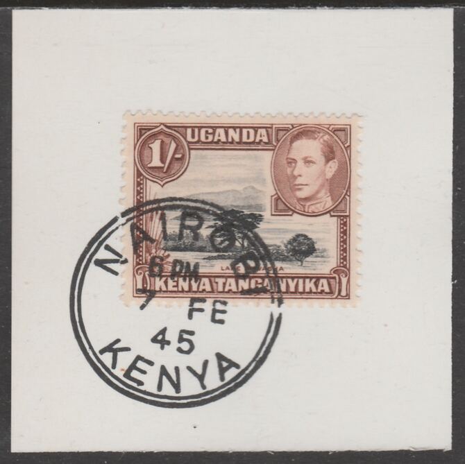 Kenya, Uganda & Tanganyika 1938 KG6 1s black & brown on piece cancelled with full strike of Madame Joseph forged postmark type 226, stamps on , stamps on  kg6 , stamps on forgeries