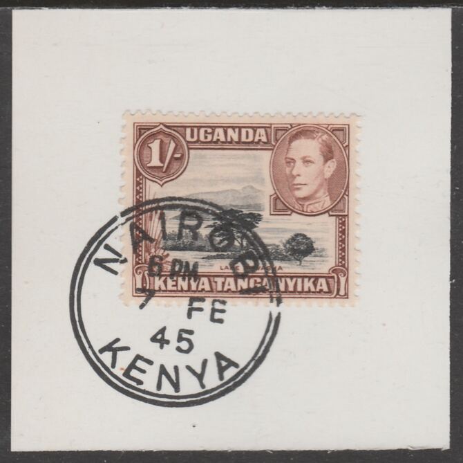 Kenya, Uganda & Tanganyika 1938 KG6 1s black & brown on piece cancelled with full strike of Madame Joseph forged postmark type 226, stamps on , stamps on  kg6 , stamps on forgeries