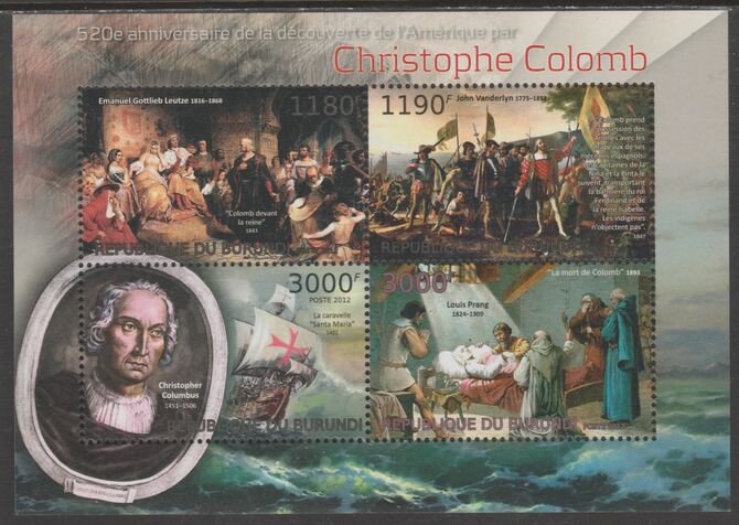 Burundi 2012 Christopher Columbus 350th Anniversary perf sheetlet  containing 4 values unmounted mint., stamps on columbus, stamps on explorers.ships