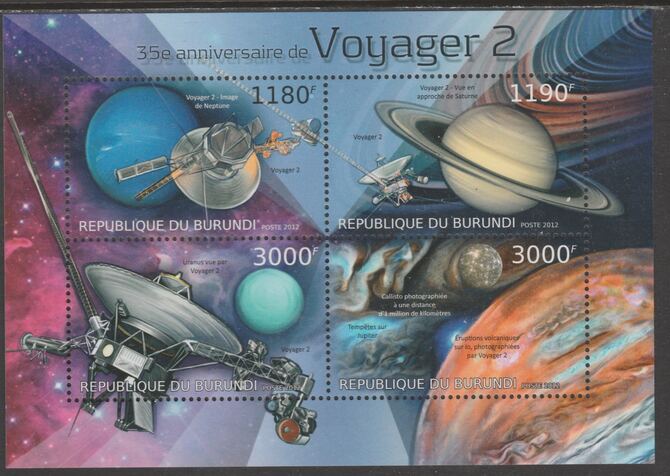 Burundi 2012 Voyager 2 perf sheetlet  containing 4 values unmounted mint., stamps on , stamps on  stamps on space, stamps on  stamps on voyager, stamps on  stamps on satellites