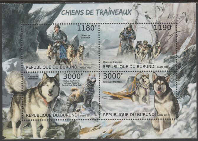 Burundi 2012 Sleigh Dogs perf sheetlet containing 4 values unmounted mint., stamps on dogs, stamps on polar