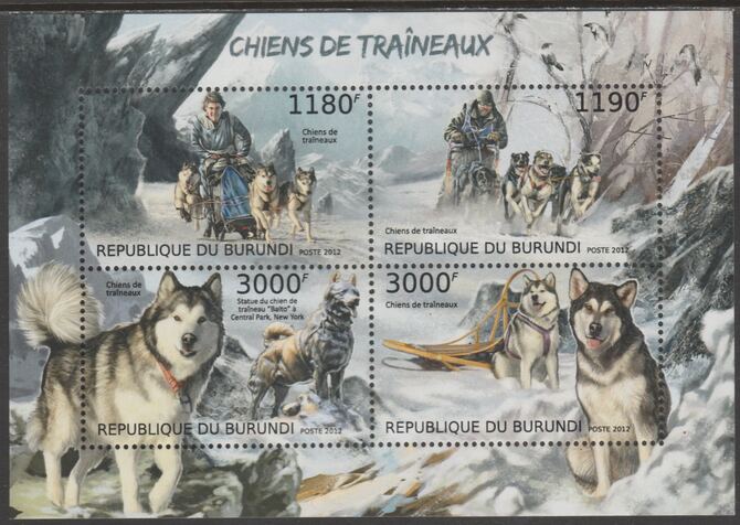 Burundi 2012 Sleigh Dogs perf sheetlet containing 4 values unmounted mint., stamps on , stamps on  stamps on dogs, stamps on  stamps on polar