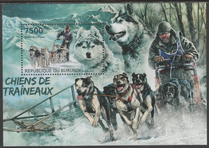 Burundi 2012 Sleigh Dogs perf souvenir sheet  containing 1 value unmounted mint., stamps on dogs, stamps on polar