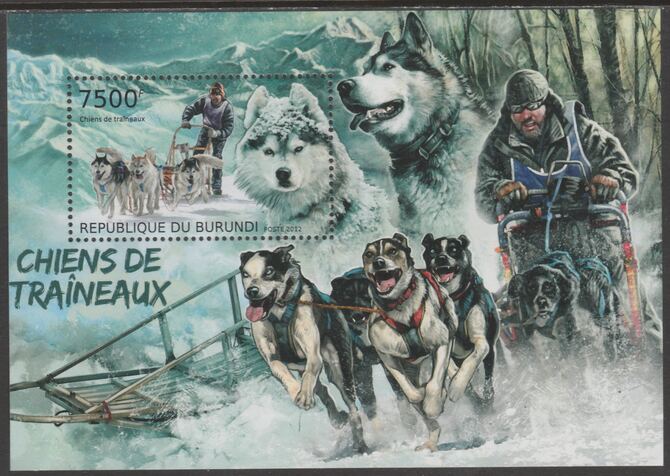 Burundi 2012 Sleigh Dogs perf souvenir sheet  containing 1 value unmounted mint., stamps on , stamps on  stamps on dogs, stamps on  stamps on polar