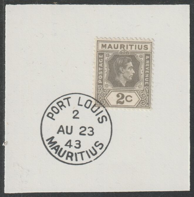 Mauritius 1938 KG6 2c olive-grey on piece cancelled with full strike of Madame Joseph forged postmark type 255, stamps on , stamps on  stamps on , stamps on  stamps on  kg6 , stamps on  stamps on forgeries