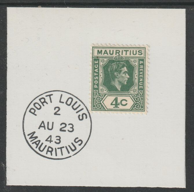 Mauritius 1938 KG6 4c dull green on piece cancelled with full strike of Madame Joseph forged postmark type 255, stamps on , stamps on  stamps on , stamps on  stamps on  kg6 , stamps on  stamps on forgeries