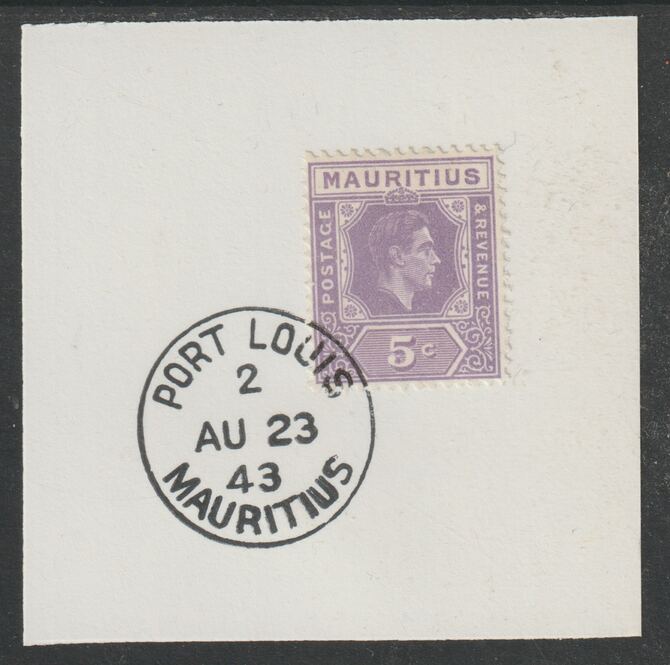 Mauritius 1938 KG6 5c slate-lilac on piece cancelled with full strike of Madame Joseph forged postmark type 255, stamps on , stamps on  stamps on , stamps on  stamps on  kg6 , stamps on  stamps on forgeries