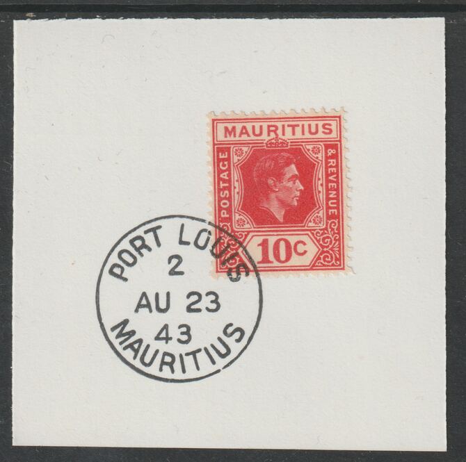 Mauritius 1938 KG6 10c rose-red on piece cancelled with full strike of Madame Joseph forged postmark type 255, stamps on , stamps on  kg6 , stamps on forgeries