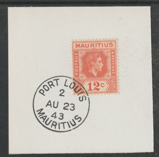 Mauritius 1938 KG6 12c salmon on piece cancelled with full strike of Madame Joseph forged postmark type 255, stamps on , stamps on  kg6 , stamps on forgeries