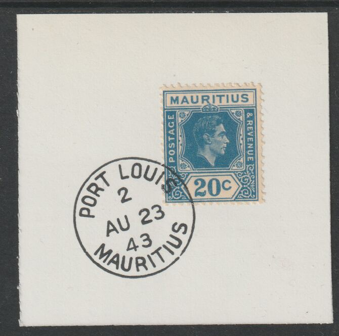 Mauritius 1938 KG6 20c blue on piece cancelled with full strike of Madame Joseph forged postmark type 255, stamps on , stamps on  kg6 , stamps on forgeries