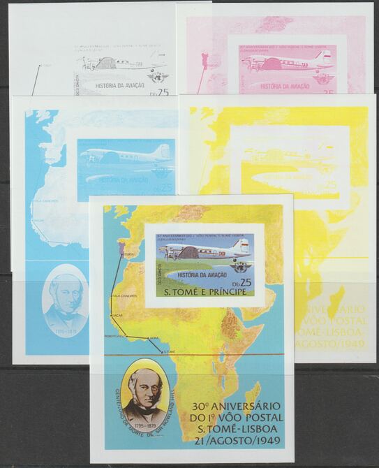 St Thomas & Prince Islands 1979 Rowland Hill (Dakota DC-3) the set of 5 imperf progressive proofs comprising the 4 individual colours plus all 4-colour composite,  unmoun..., stamps on aviation, stamps on maps, stamps on postal, stamps on rowland hill, stamps on douglas, stamps on dc