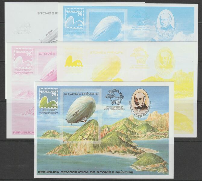St Thomas & Prince Islands 1979 Rowland Hill (Brasiliana & Zeppelin) m/sheet the set of 5 imperf progressive proofs comprising the 4 individual colours plus all 4-colour composite,  unmounted mint, stamps on aviation, stamps on postal, stamps on upu, stamps on rowland hill, stamps on airships, stamps on zeppelins, stamps on  upu , stamps on 