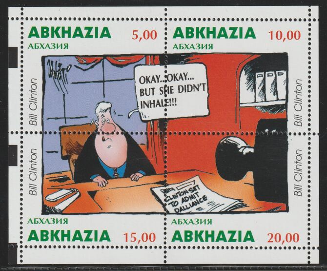 Abkhazia 1999 Bill Clinton (press interview) perf sheetlet containing 4 values unmounted mint, stamps on , stamps on  stamps on personalities, stamps on  stamps on usa, stamps on  stamps on presidents, stamps on  stamps on constitutions, stamps on  stamps on americana