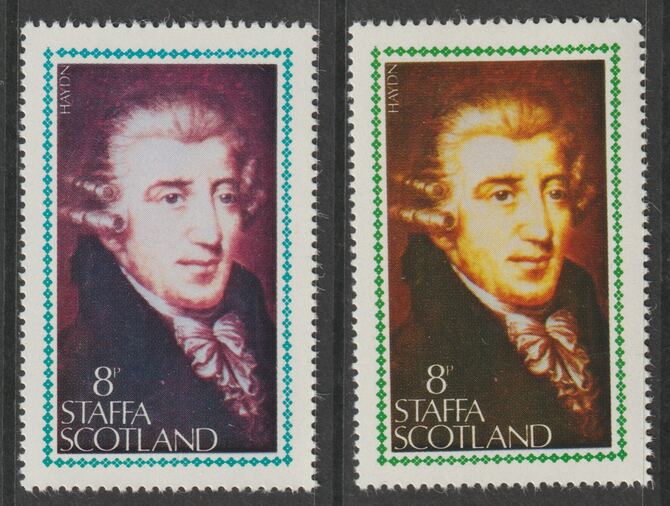 Staffa 1980 Composers - Haydn 8p perf single showing a superb shade apparently due to a dry print of the yellow complete with normal both unmounted mint, stamps on , stamps on  stamps on composers, stamps on  stamps on music