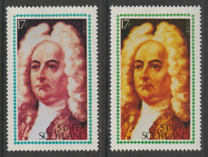 Staffa 1980 Composers - Handel 17p perf single showing a superb shade apparently due to a dry print of the yellow complete with normal both unmounted mint, stamps on composers, stamps on music