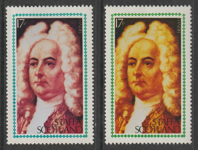 Staffa 1980 Composers - Handel 17p perf single showing a superb shade apparently due to a dry print of the yellow complete with normal both unmounted mint, stamps on , stamps on  stamps on composers, stamps on  stamps on music