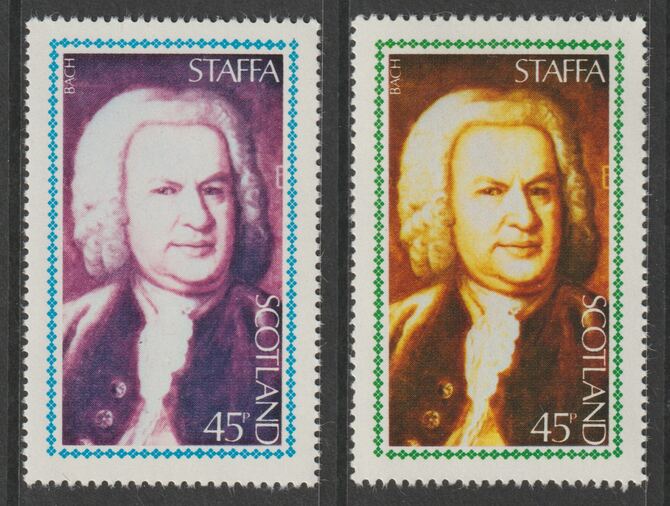 Staffa 1980 Composers - Bach 45p perf single showing a superb shade apparently due to a dry print of the yellow complete with normal both unmounted mint, stamps on , stamps on  stamps on composers, stamps on  stamps on music