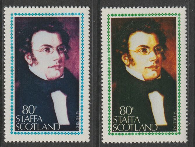 Staffa 1980 Composers - Schubert 80p perf single showing a superb shade apparently due to a dry print of the yellow complete with normal both unmounted mint, stamps on composers, stamps on music