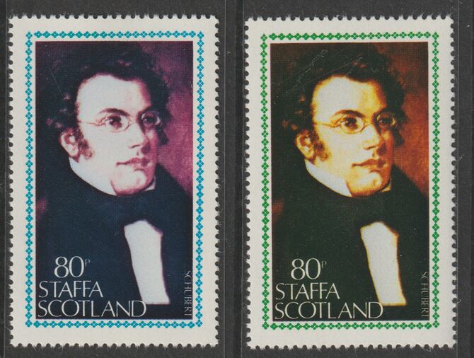 Staffa 1980 Composers - Schubert 80p perf single showing a superb shade apparently due to a dry print of the yellow complete with normal both unmounted mint, stamps on , stamps on  stamps on composers, stamps on  stamps on music