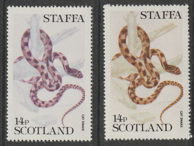 Staffa 1979 Snakes - Cat Snake 14p perf single showing a superb shade apparently due to a dry print of the yellow complete with normal both unmounted mint, stamps on reptiles, stamps on snakes