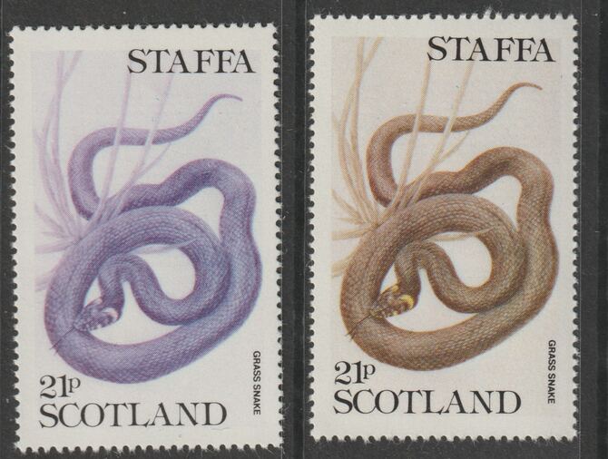 Staffa 1979 Snakes - Grass Snake 21p perf single showing a superb shade apparently due to a dry print of the yellow complete with normal both unmounted mint, stamps on reptiles, stamps on snakes