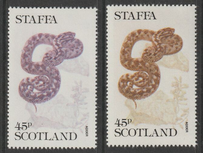 Staffa 1979 Snakes - Adder 45p perf single showing a superb shade apparently due to a dry print of the yellow complete with normal both unmounted mint, stamps on reptiles, stamps on snakes